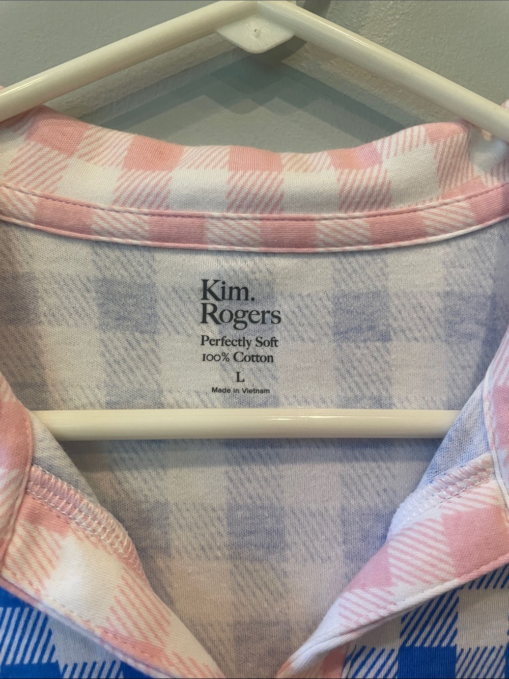 Kim Rogers Blue and White Gingham Polo with Pink Accent Collar - Picture 2 of 2